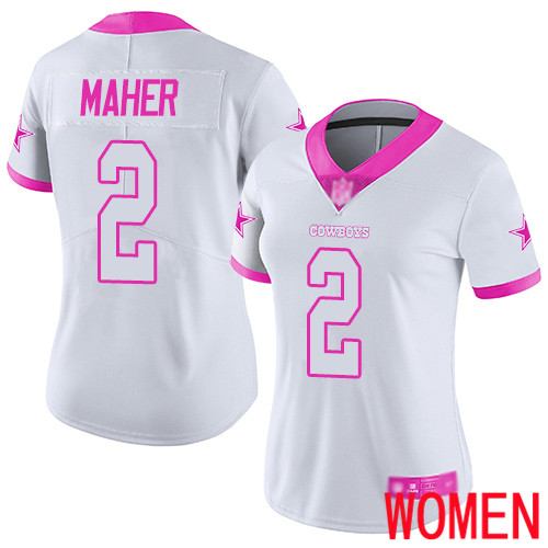 Women Dallas Cowboys Limited White Pink Brett Maher #2 Rush Fashion NFL Jersey